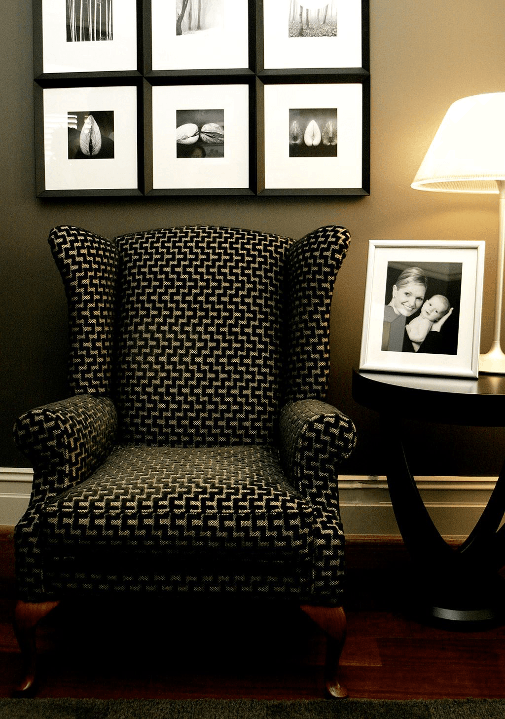 Bronwyn Poole Interiors Geometric Upholstered Wingback Nature Photography Grid Family Portrait Dark Walls — Interior Design by Bronwyn Poole