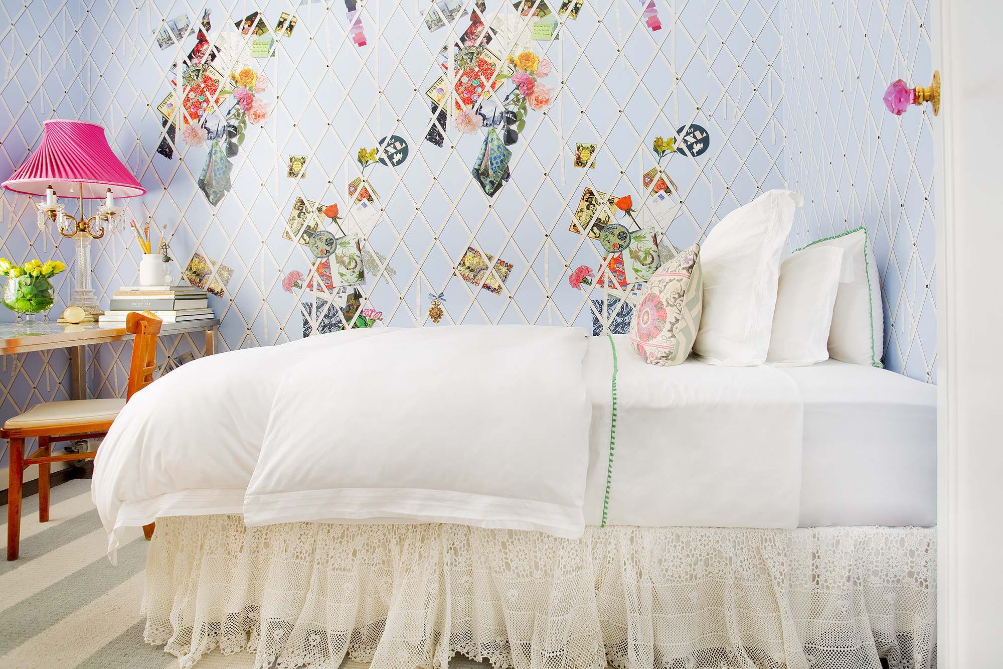 Bronwyn Poole Interiors Guest Bedroom Collage Wallpaper White Linen Lace Bedskirt Pink Lamp Floral Postcards — Interior Design by Bronwyn Poole