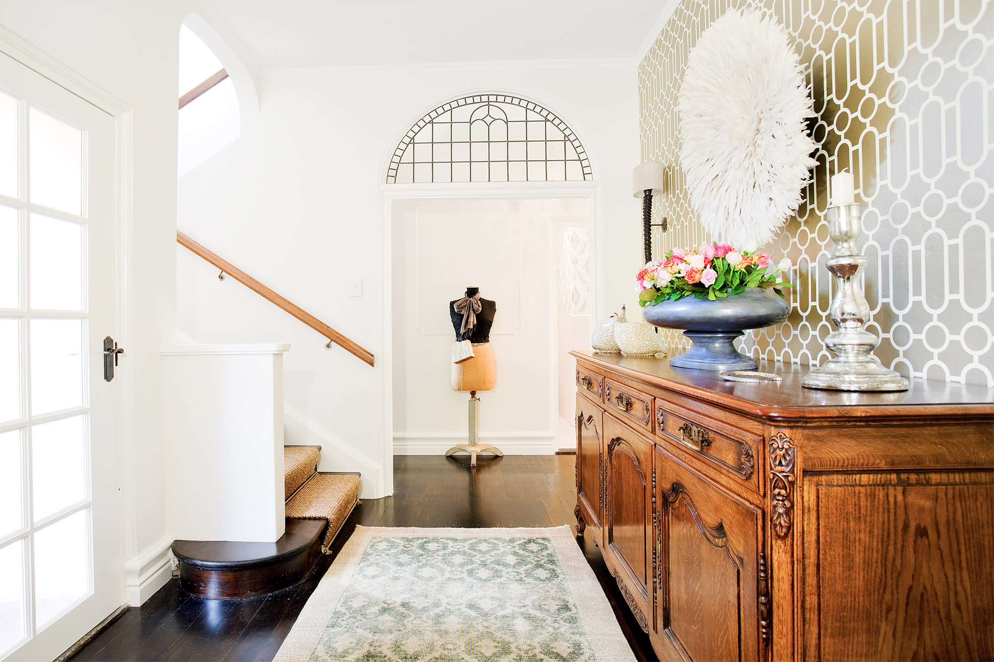 Bronwyn Poole Interiors Heritage Entry Foyer Gold Wallpaper Antique Sideboard Juju Hat Arched Staircase Window — Interior Design by Bronwyn Poole