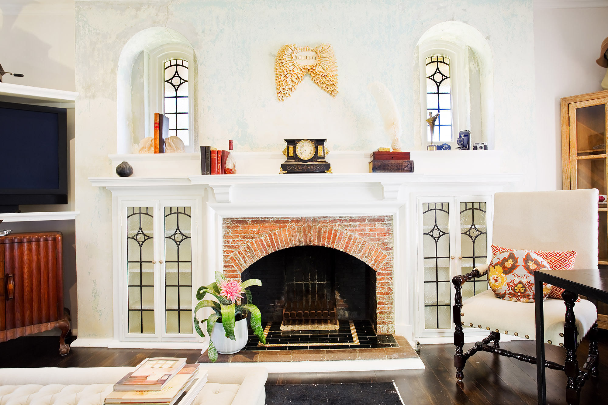 Bronwyn Poole Interiors Heritage Living Red Brick Fireplace Leaded Glass Cabinets Arched Windows Mantel Clock — Interior Design by Bronwyn Poole