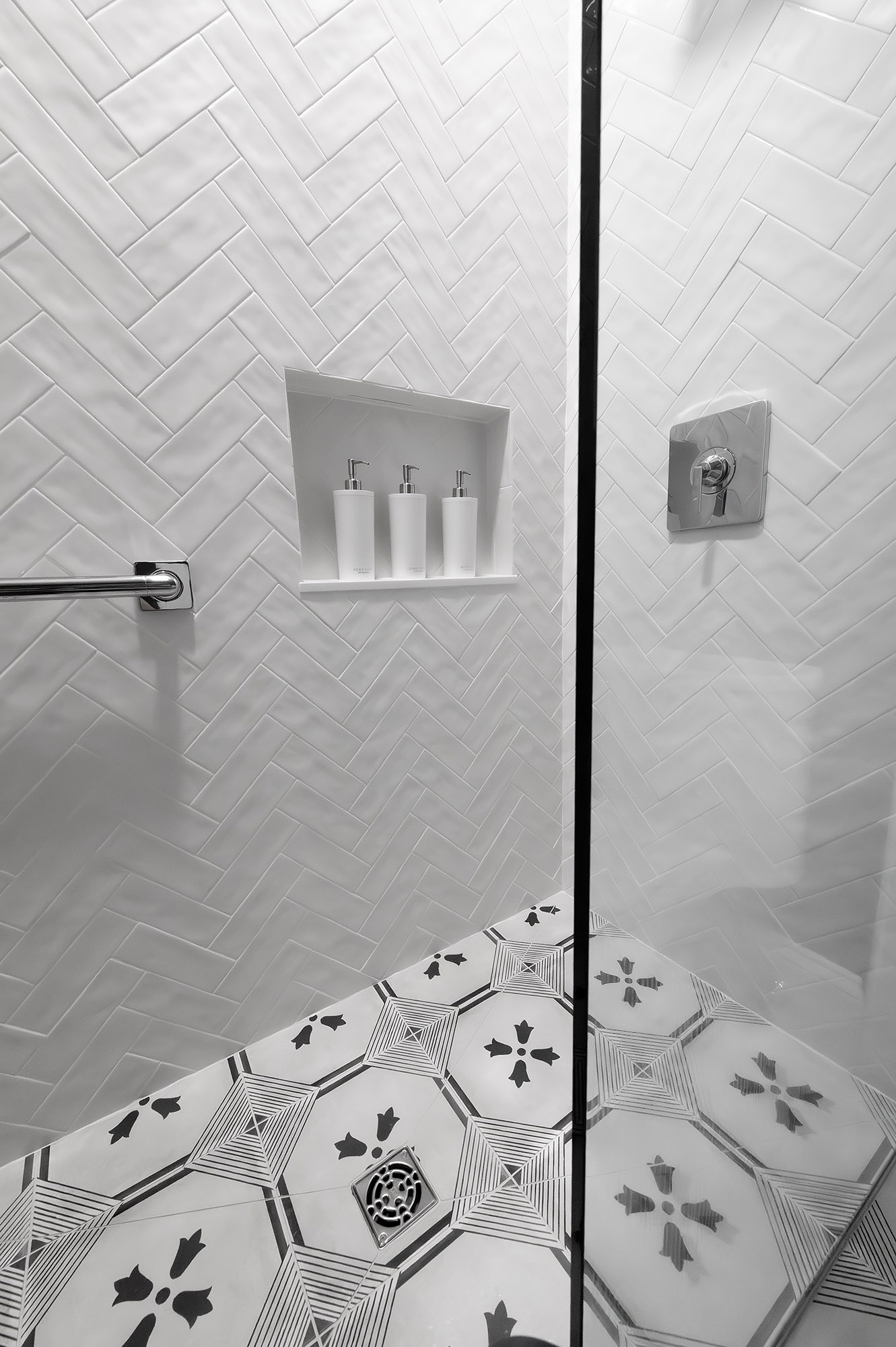 Bronwyn Poole Interiors Herringbone Tile Shower Patterned Floor Tile Glass Enclosure Niche Shelf — Interior Design by Bronwyn Poole