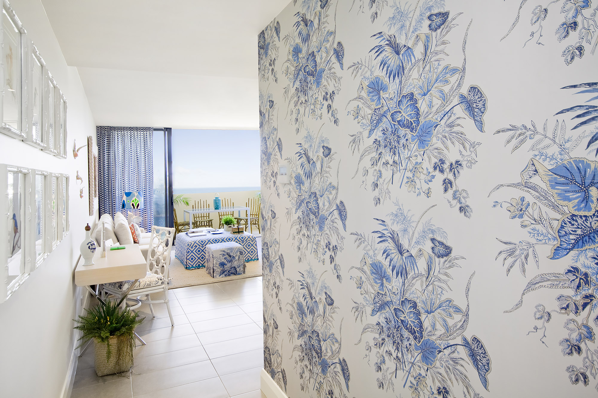 Bronwyn Poole Interiors Island Breeze Coastal Entry Blue White Wallpaper — Interior Design by Bronwyn Poole