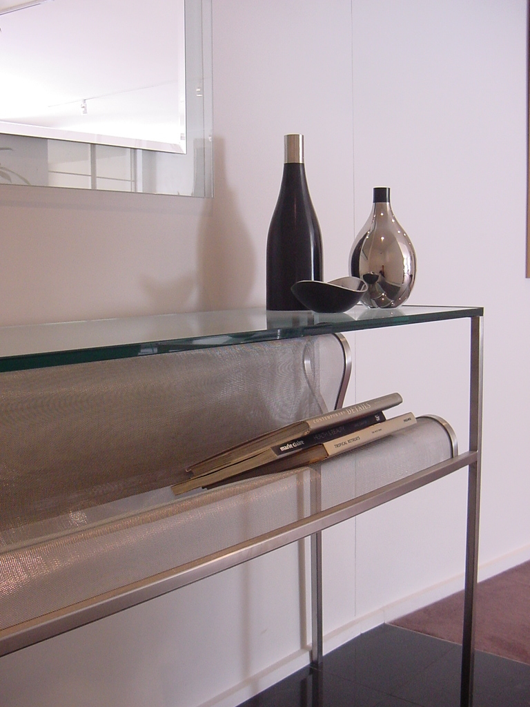Bronwyn Poole Interiors Mesh Glass Console Table Chrome Duck Sculpture Design Books Mirror — Interior Design by Bronwyn Poole
