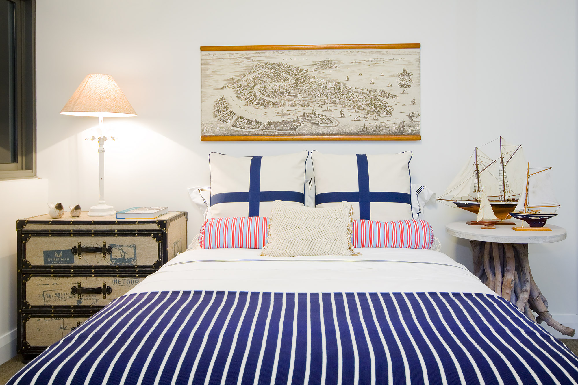 Bronwyn Poole Interiors Seaside Dreaming Nautical Bedroom Striped Bedding Trunk Nightstand — Interior Design by Bronwyn Poole