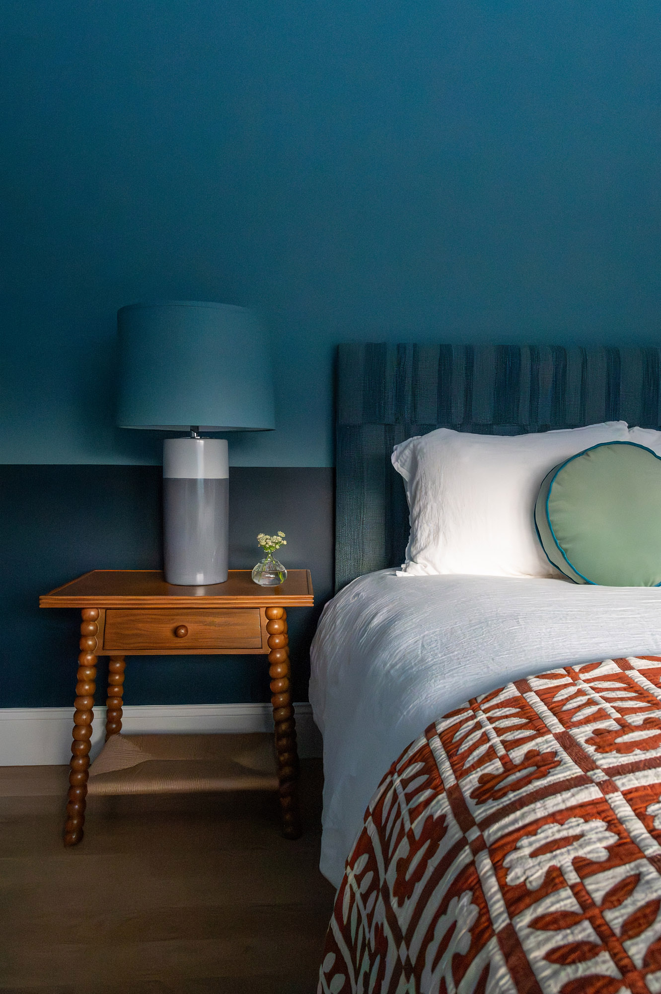 Bronwyn Poole Interiors Teal Bedroom Bobbin Nightstand Terracotta Quilt Ceramic Lamp — Interior Design by Bronwyn Poole
