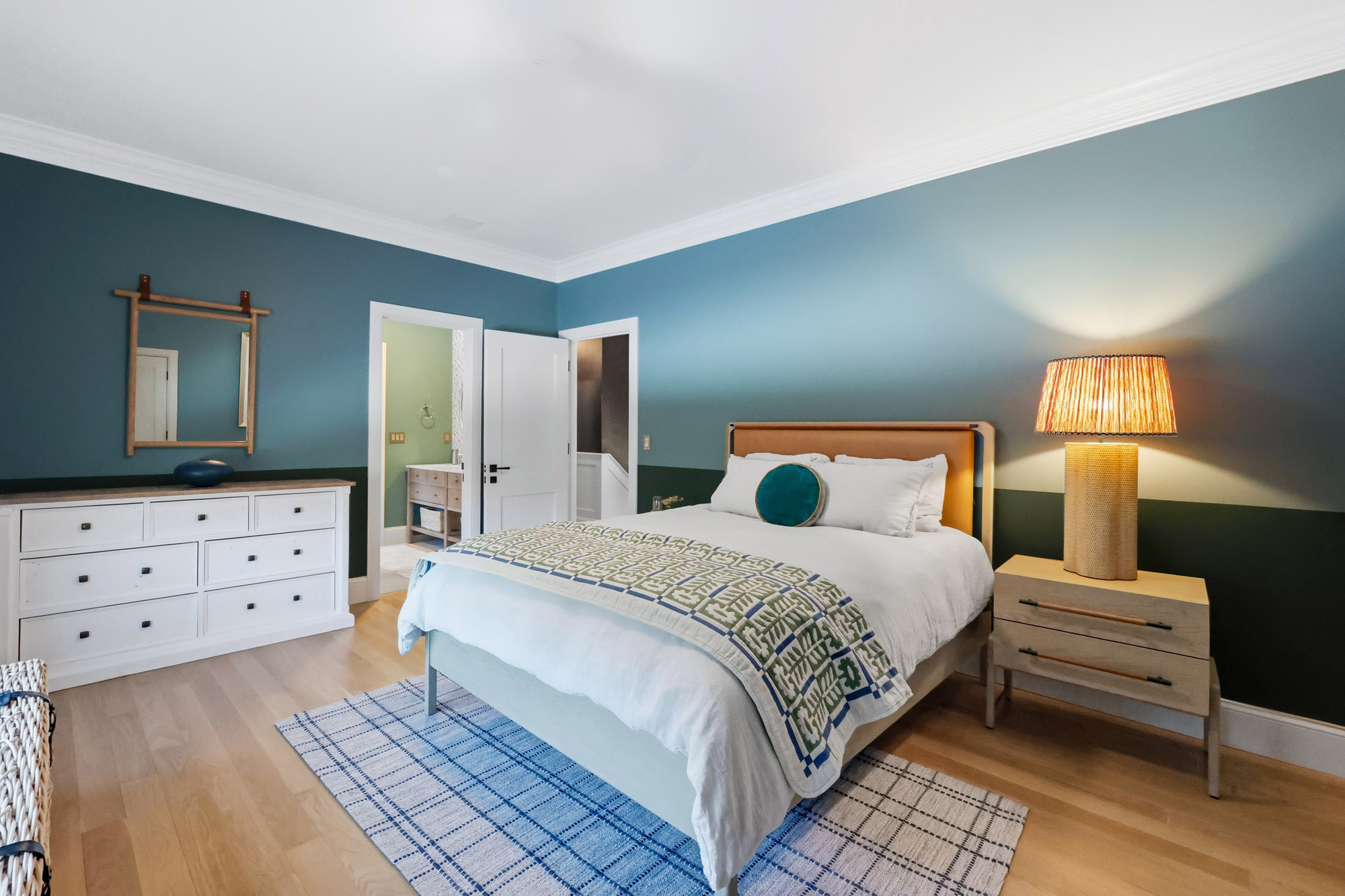 Bronwyn Poole Interiors Teal Guest Bedroom White Dresser Plaid Rug Rattan Lamp Patterned Throw — Interior Design by Bronwyn Poole