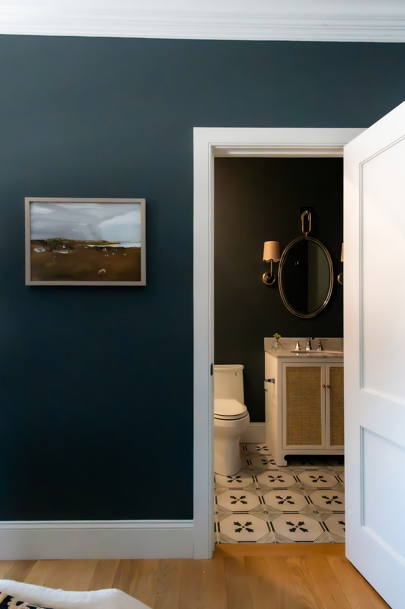 Bronwyn Poole Interiors Teal Hallway Landscape Painting Patterned Tile Powder Room Oval Mirror — Interior Design by Bronwyn Poole