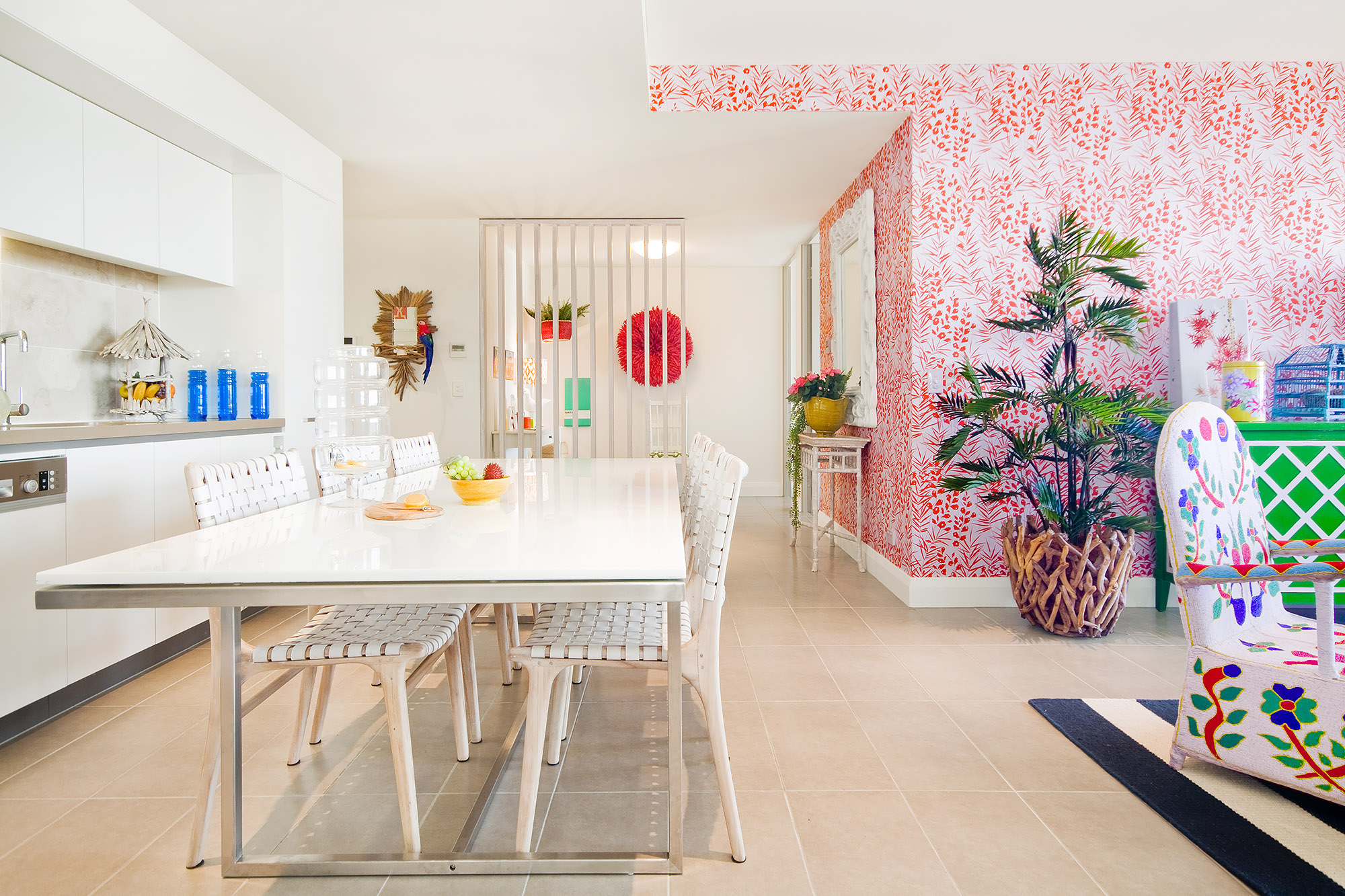 Bronwyn Poole Interiors Tropical Kitchen Dining Pink Wallpaper Woven Chairs Palm Tree — Interior Design by Bronwyn Poole