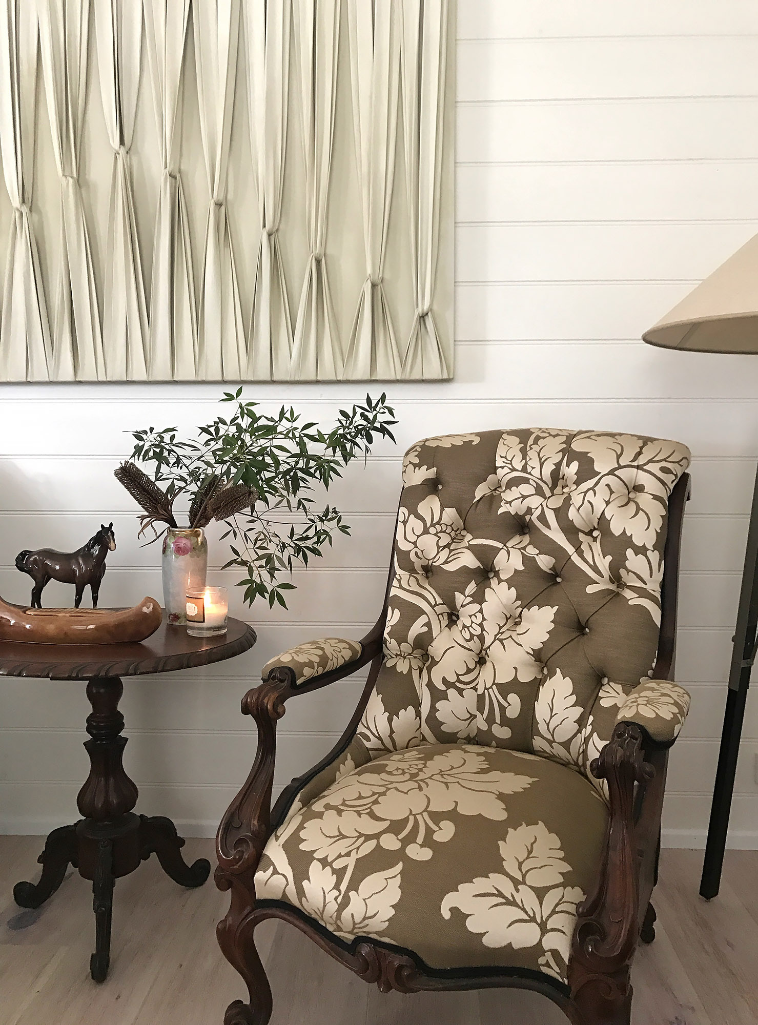 Bronwyn Poole Interiors Tufted Damask Armchair Carved Pedestal Table Pleated Textile Art Shiplap — Interior Design by Bronwyn Poole