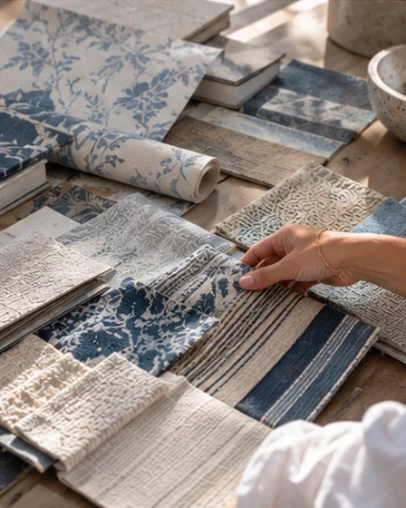 Design inspiration: blue and neutral textile samples considered together on a worktable