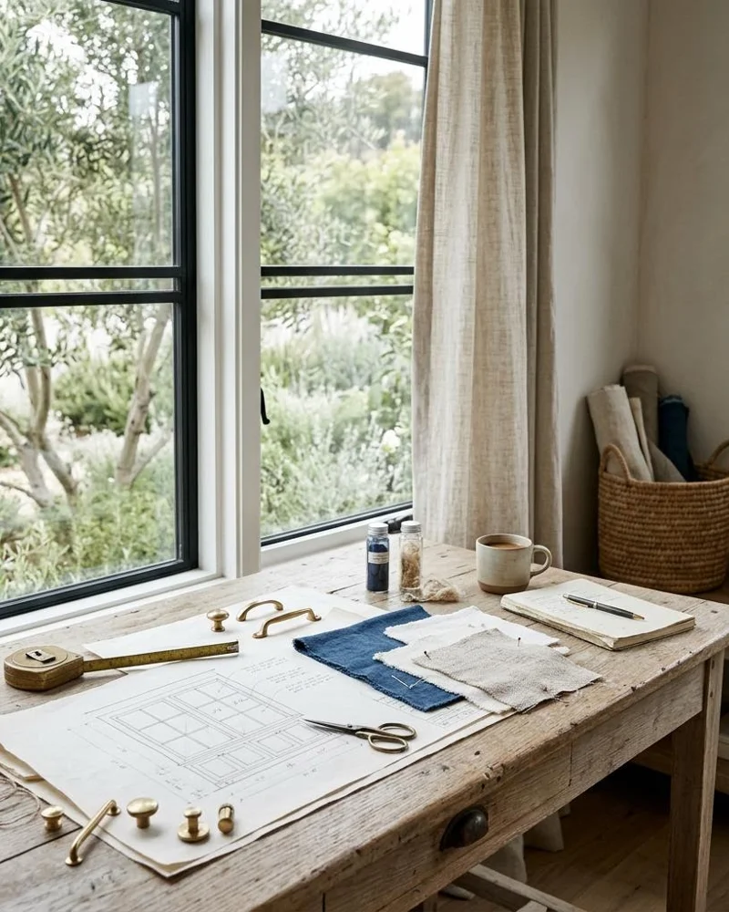 Design inspiration: window elevations, textile samples and hardware arranged on a planning table